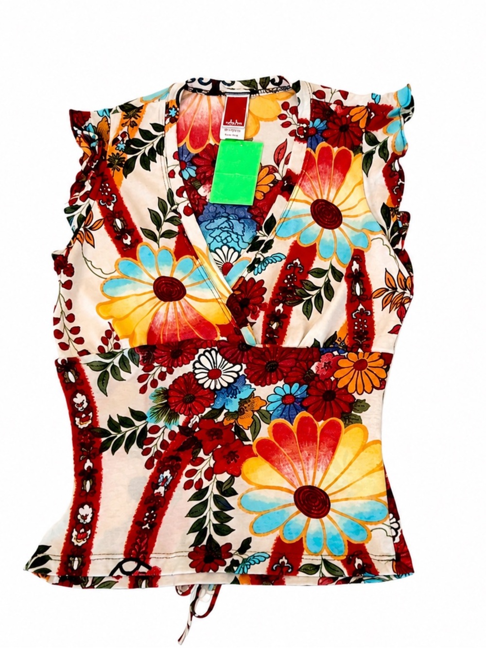 DMBM VINTAGE FLORAL WRAP BLOUSE TOP WOMENS SMALL MULTICOLOR BOHO RUFFLE Y2K